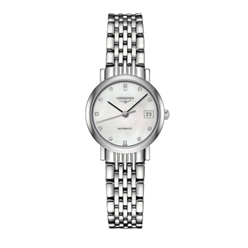 LONGINES/浪琴 博雅系列 自动机械表白珍珠贝母镶钻钢链女表25.5毫米L4.309.4.87.6