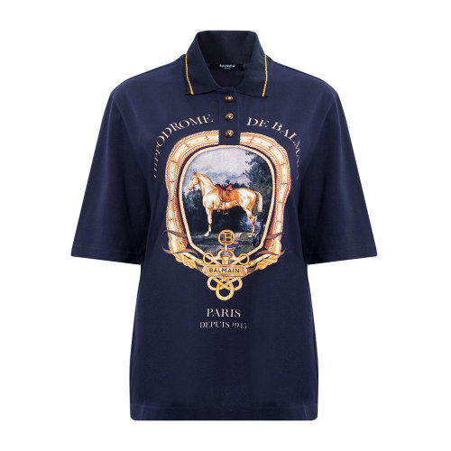 Balmain/巴尔曼 藏青色 女士图案印花Oversized短袖Polo衫 UF00301I608 秋冬