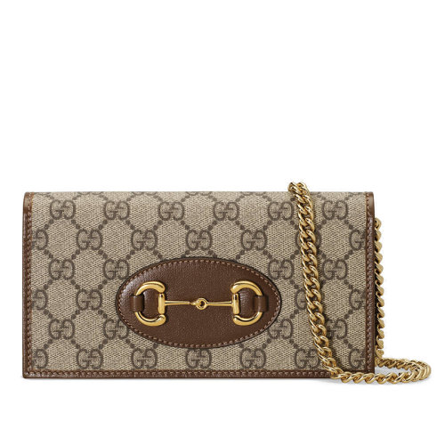 GUCCI/古驰 1955系列 棕色皮革拼接老花帆布经典马蹄扣翻盖链条钱包单肩包 ??62189292TCG8563