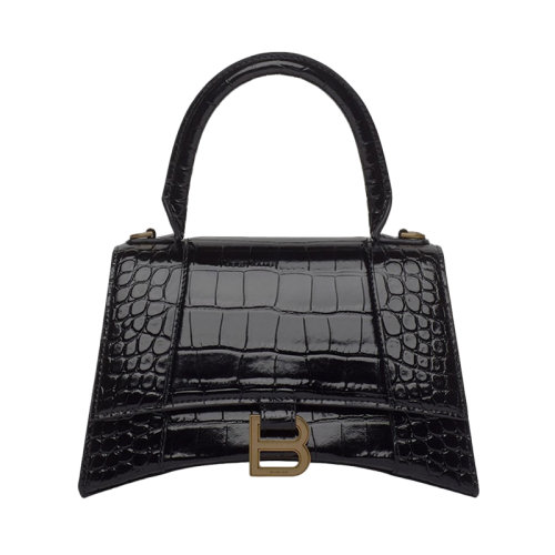 Balenciaga/巴黎世家 HANDLE HOURGLASS 黑色鳄鱼皮压纹小牛皮配以陈年金色涂层小号单肩手提沙漏包 5935461LRGM1000