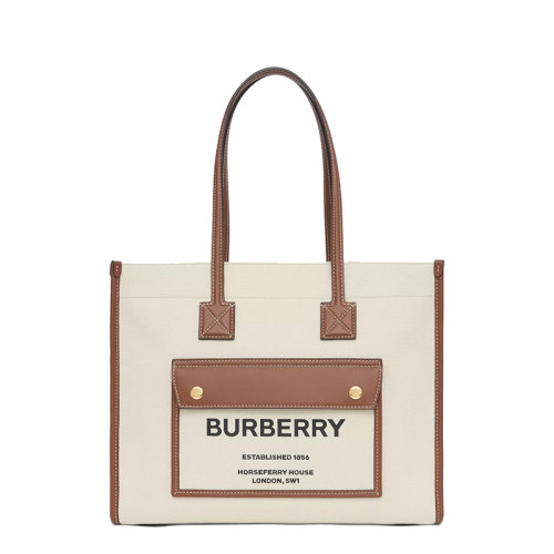 BURBERRY/博柏利 Freya系列 女士小号自然色/棕褐色棉质帆布绗缝小牛皮Horseferry印花单肩斜挎手提包