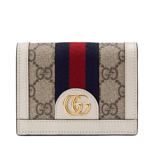GUCCI/古驰 经典款Ophidia系列 女士米色/乌木色老花帆布白色皮革滚边拼接红蓝条纹织带双折卡夹钱包52315596IWG9794