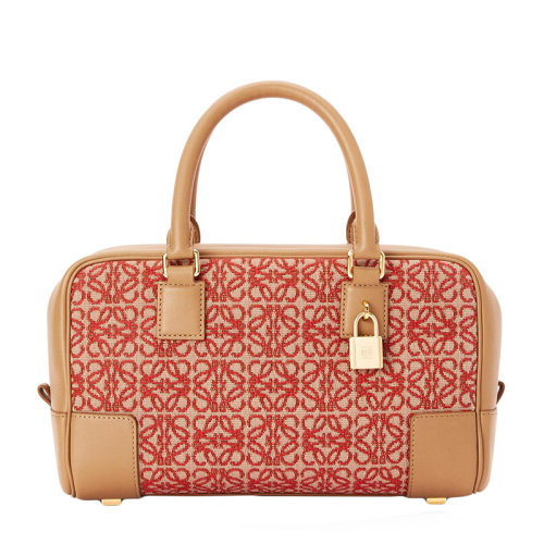 Loewe/罗意威 22春夏新款Amazona 23系列 女士红色提花布和棕色牛皮革Anagram压纹可手提斜挎单肩包 0010640720