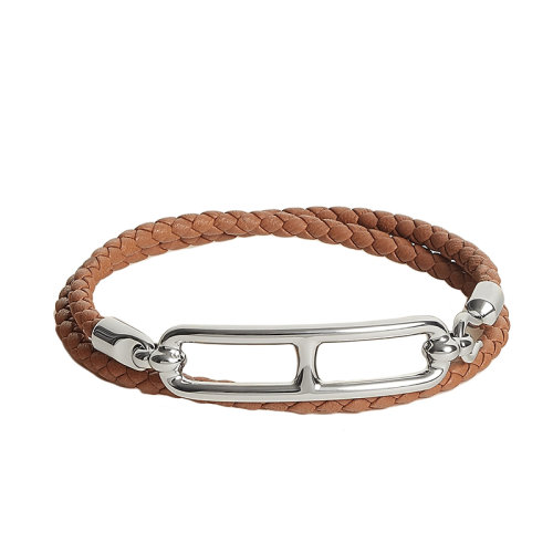 HERMES/爱马仕 22春夏新款Roulis系列 金棕色小牛皮银色猪鼻扣编织双圈手链H071727FP37