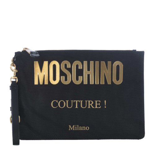 MOSCHINO/莫斯奇诺 女士黑色尼龙字母徽标装饰拉链开合钱包卡包手包腕包手拿包女包 B8407-8205-1555