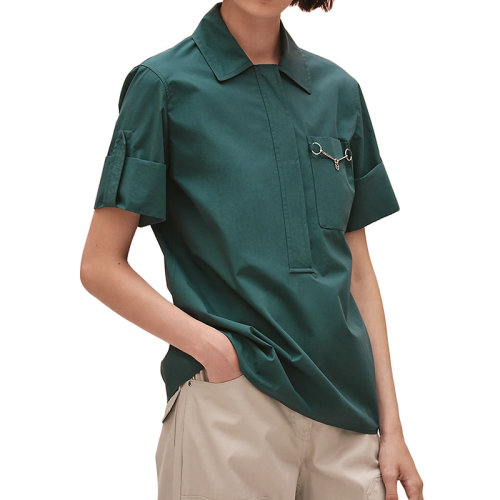 HERMES/爱马仕 22年春夏新款 女士翡翠绿色纯棉防水府绸Polo风格的开襟短袖衬衫H2E0607DJ6Y36