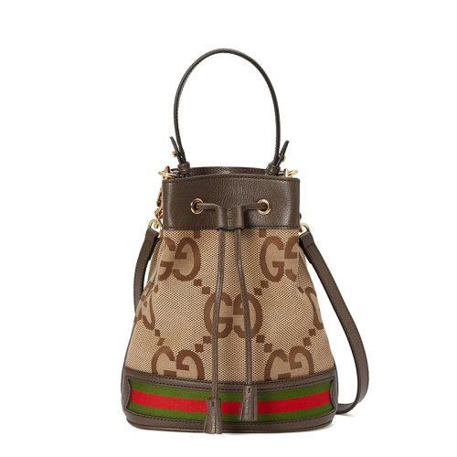 GUCCI/古驰 22新款Ophidia系列 女士小号棕色超级双G老花帆布配皮饰红绿织带可拆卸肩带抽身开合单肩水桶包550621UKMJG2570