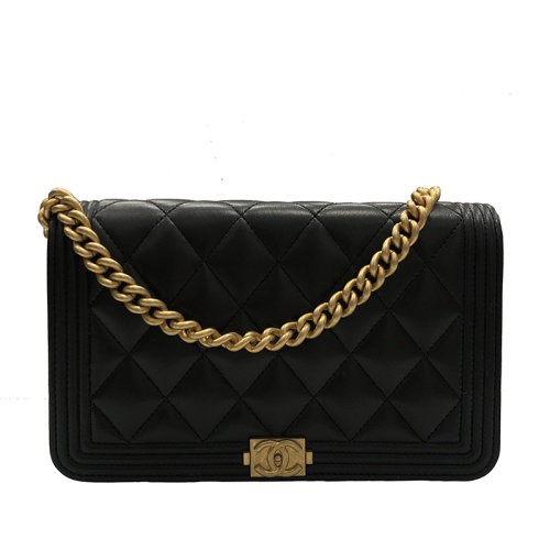 CHANEL/香奈儿 经典BOY系列 黑色画面羊皮金扣双C链条单肩WOC包