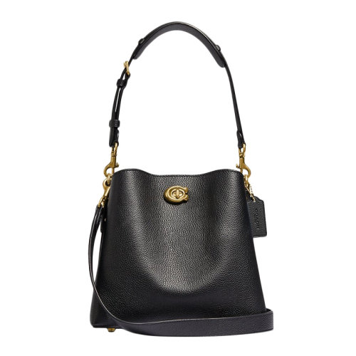 COACH/蔻驰【专柜款】女士黑色抛光卵石皮革旋锁按扣开合单肩包斜挎包手提包水桶包女包 C3916B4BK