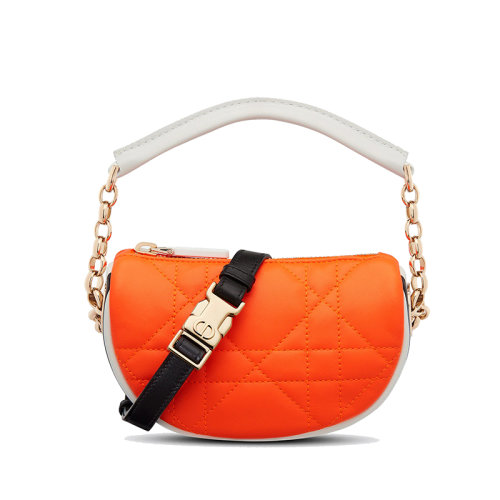 DIOR/迪奥 22新款DIOR VIBE系列 女士微型荧光橙小牛皮绗缝超大藤格纹配金扣单肩斜挎手提拉链包S7200ODDO_M057