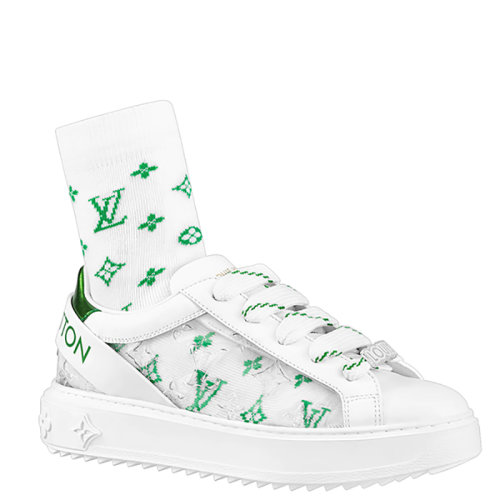 Louis Vuitton/路易威登 22年早春新款 TIME OUT系列 女士白色牛皮革绿色老花袜子混合材质运动鞋1A9Q08