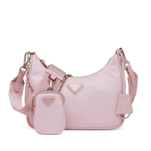 PRADA/普拉达  Re-Edition?2005系列  雪花玫瑰色再生尼龙皮革饰边单肩斜挎手提包1BH204_R064_F0E18_V_V1L