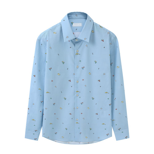 PRADA/普拉达 蓝色 男士通体迷你印花弹力府绸衬衫 UCM608_1VYQ_F0012