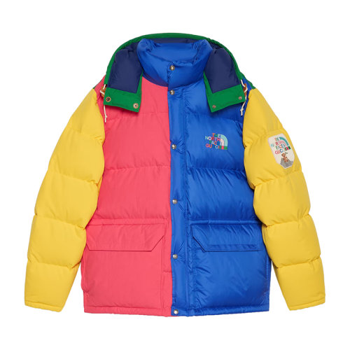 GUCCI/古驰 22秋冬款 The North Face联名系列 ?男士多色聚酰胺/棉混纺饰有彩色刺绣LOGO图案彩色贴片徽标彩色泰迪熊贴饰羽绒服670653XAAEQ3569