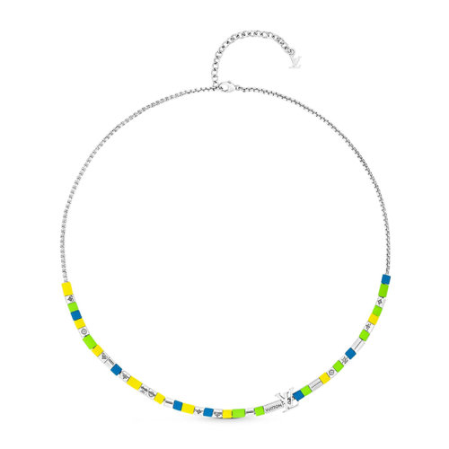 Louis Vuitton/路易威登 22春夏新款LV SUNRISE系列 黄绿蓝银哑光树脂配金属串珠银色徽标造型吊饰项链M00651