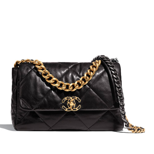CHANEL/香奈儿 经典款CHANEL 19系列 黑色小羊皮 金银拼色链扣大号斜挎单肩包