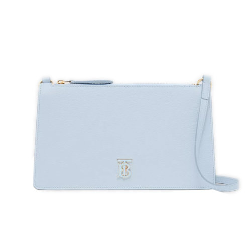 BURBERRY/博柏利 22新款 女士浅蓝色粒面皮革拉链开合金色字母抛光金属饰面皮表带手拿包80606421