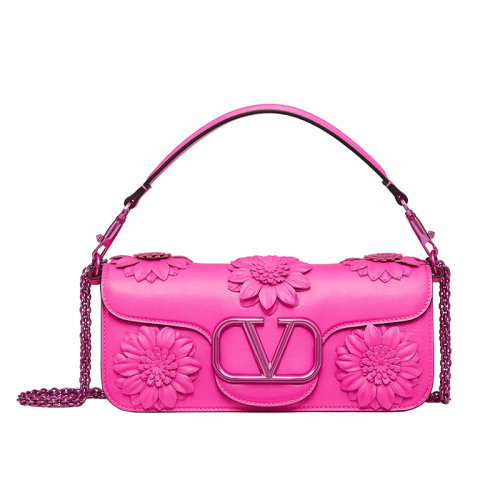 Valentino/华伦天奴 22新款 LOCò系列 女士粉色小牛皮同色饰面磁性口翻盖开合拆卸滑动链贴花花卉单肩包1W0B0K30PESUWT