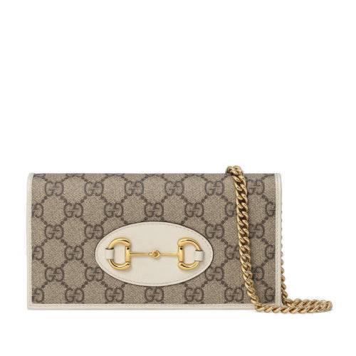  GUCCI/古驰 2020早秋新款1955系列 白色皮革拼接老花帆布经典马蹄扣翻盖链条钱包单肩包 62189292TCG9761