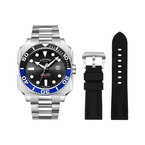 ROMAGO/雷米格 瑞士手表 深潜者300男士全自动机械经典日历款夜光防水方形钢带潜水表