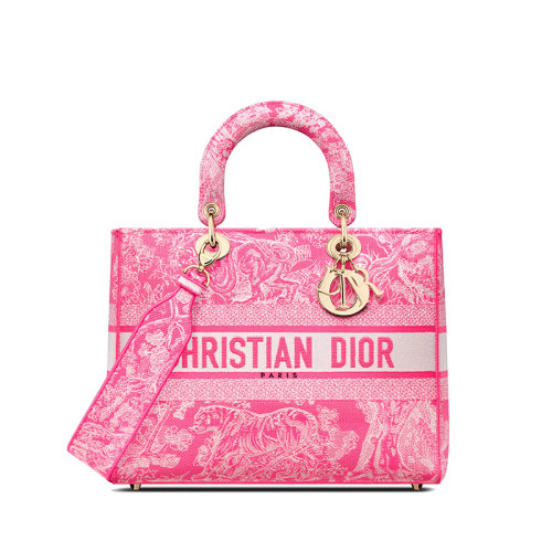 DIOR/迪奥 22新款LADY D-Lite系列 女士大号荧光粉织物茹伊印花刺绣手袋M0566OROC_M956