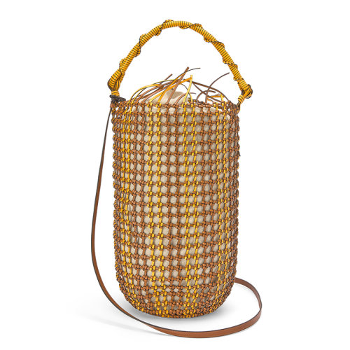 LOEWE/罗意威  Bucket Mesh系列 女士棕褐色/黄色编织网眼小牛皮可拆卸肩带水桶单肩斜挎包0010574986