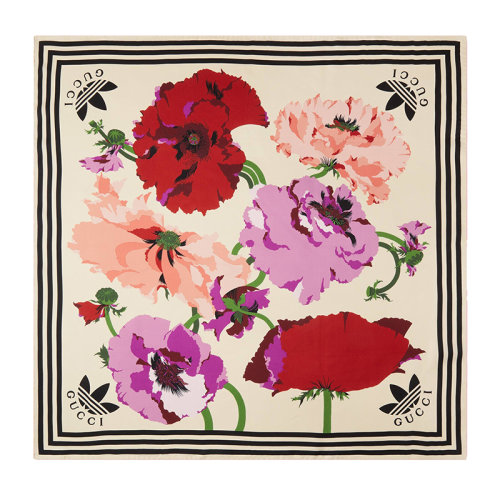 GUCCI/古驰 22年秋冬新款 adidas联名系列 女士象牙白色桑蚕丝加大花朵印花围巾丝巾方巾6925943G0011972