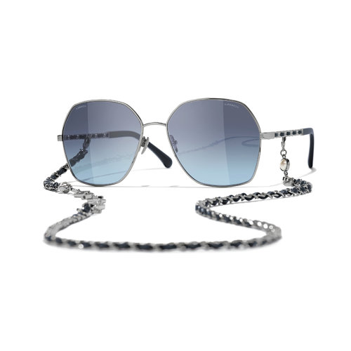 Chanel/香奈儿 22年春夏新款 女士渐变蓝色镜片暗银色/蓝色金属与小牛皮镜框饰链条方框太阳眼镜墨镜A71447X27388L0812