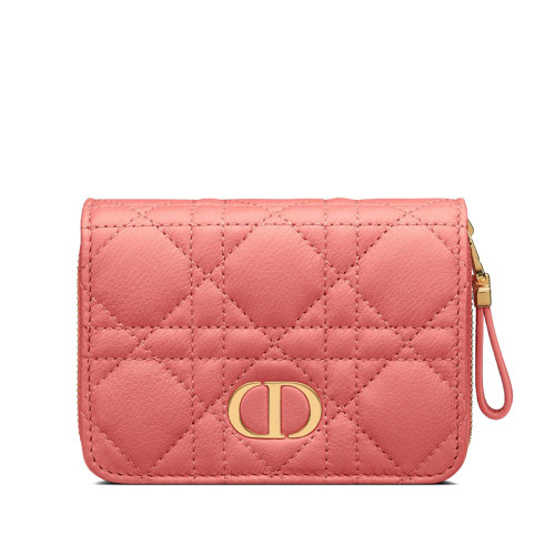 Dior/迪奥 22新款CARO系列 女士珊瑚粉色小牛皮藤格纹缉面线带拉链紧凑型钱包 S5032UWHC_M76P