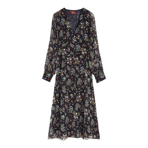 MaxMara/麦丝玛拉 22年早春新款 GAZZA系列 女士深蓝色真丝雪纺碎花连衣裙6221042706002