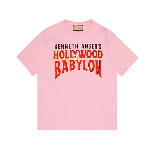 GUCCI/古驰 22年春夏新款 爱的进行曲系列 男女同款粉色纯棉Hollywood Babylo印花短袖T恤
