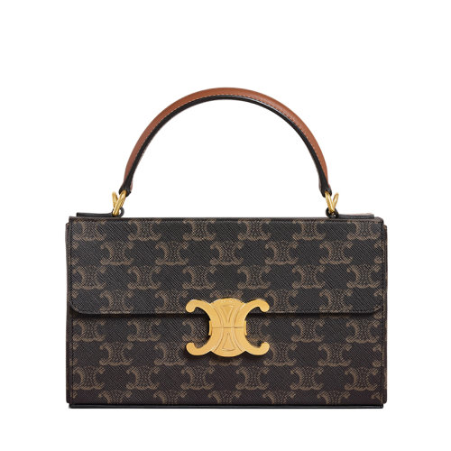 CELINE/赛琳 22新款BOITE TRIOMPHE系列 女士黄褐色老花涂层帆布牛皮革手柄单肩斜挎手提包199992CUZ.04LU