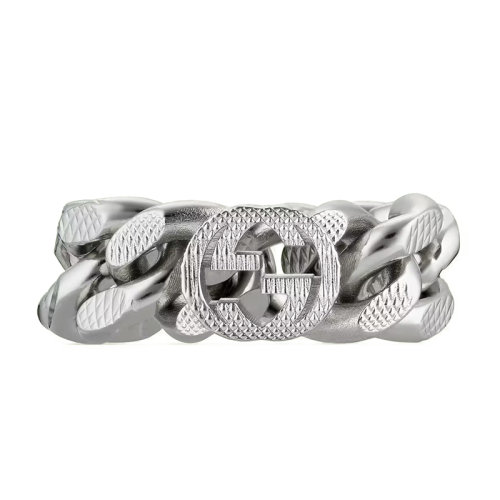 GUCCI/古驰 22新款 男女同款银色金属饰双G徽标字母压印图案马衔索链式戒指指环 702514I46010926