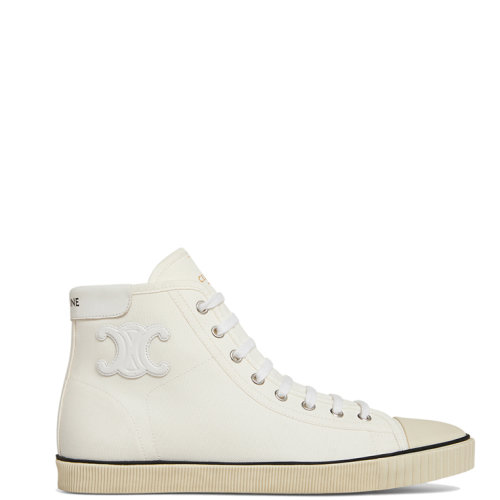 CELINE/赛琳 22年早春新款 BLANK系列 女士米白色织物/牛皮革侧面TRIOMPHE贴饰高帮运动鞋帆布鞋343202006C.01OW