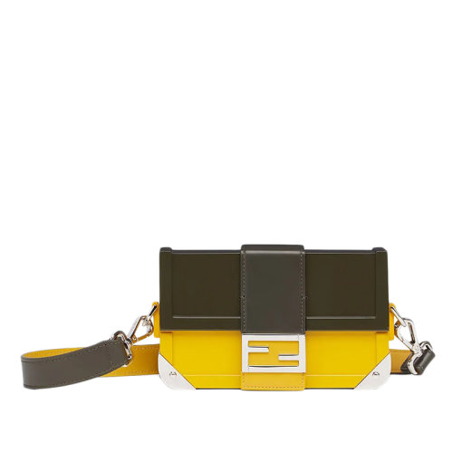 FENDI/芬迪 BAGUETTE TRUNK系列 男士迷你双色调黄色卡其色皮革有机玻璃硬质斜挎单肩包7VA507AGQUF1FTE