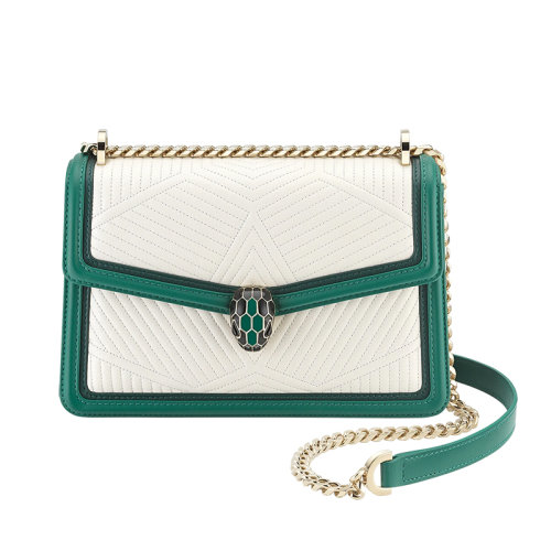 BVLGARI/宝格丽 Serpenti Diamond Blast系列 白色小羊皮滚边绿色皮革点缀经典珐琅蛇首链条斜跨单肩包