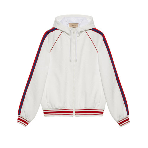 GUCCI/古驰 22秋冬新款 男士白色聚脂钎维混纺GG提花针织拉链连帽夹克693024XJDE99088