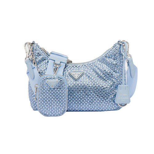 PRADA/普拉达 22新款 Re-Edition 2005系列 女士mini蓝色水晶缎面调节的编织肩带链式手柄拉链小袋可拆卸钥匙圈1BH204_2AWL_F0076_V_V9L