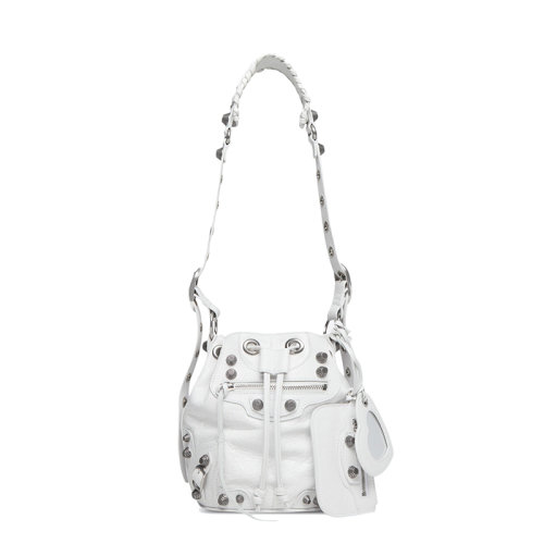  Balenciaga/巴黎世家 22新款LE CAGOLE系列 女士XS款白色细纹羊皮革抽绳闭合单肩手提水桶包7024311VG9Y9104