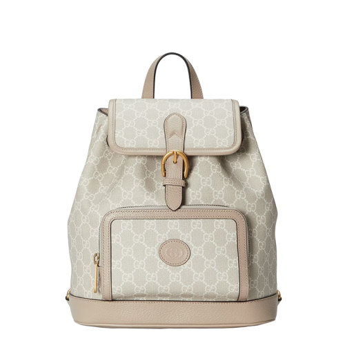 GUCCI/古驰 22春夏新款 女士米白色老花帆布皮革滚边红绿肩带翻盖抽绳双肩包674147UULCT9682