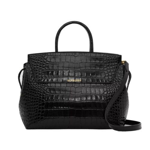 BURBERRY/博柏利 22新款 Catherine系列 女士中号黑色鳄鱼纹压纹皮革金色徽标压花翻盖拉链开合调节皮革肩带单肩斜挎包80619431