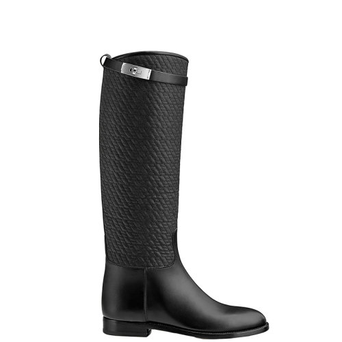 HERMES/爱马仕 22年春夏新款 女士黑色绗缝帆布和牛皮革马术风格Jumping平底高筒靴H212120Z02365