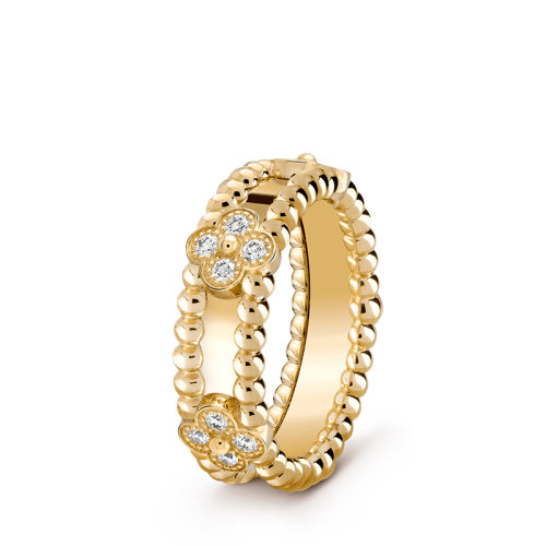Van Cleef & Arpels/梵克雅宝 Perlée sweet trèfles系列 18K金黄金镶嵌钻石四叶草戒指指环VCARP6MM00