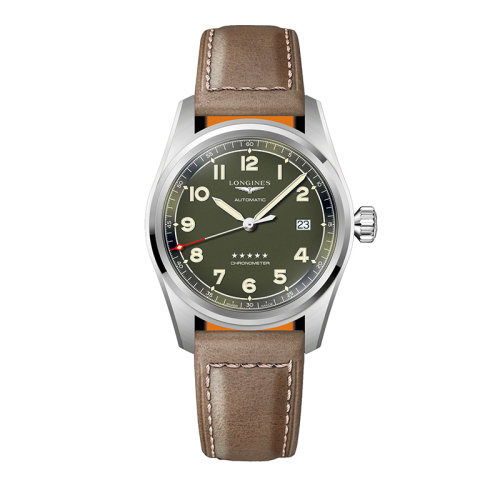 LONGINES/浪琴 先行者系列 男士自动机械精钢绿色亚光表盘棕色皮表带手表40毫米L3.810.4.03.2