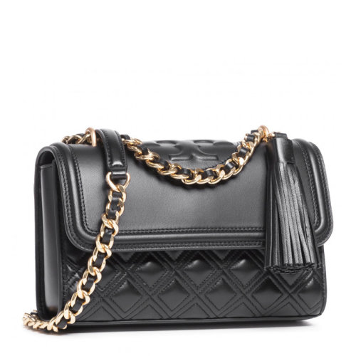 Tory Burch/汤丽柏琦 女士黑色皮革菱形格纹翻盖磁扣开合单肩包斜挎包链条包女包 75576-001