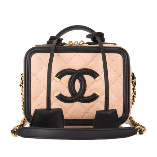 CHANEL/香奈儿 经典 Filigree Vanity Case浅米色和黑色鱼子酱皮 金色五金链条化妆箱包单肩包
