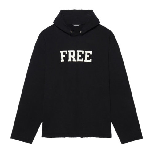 Balenciaga/巴黎世家 FREE系列中号女士黑色棉质经典字母徽标印花装饰破洞下摆落肩抓绒卫衣上衣连帽衫运动衫 661711-TKVD4-1070