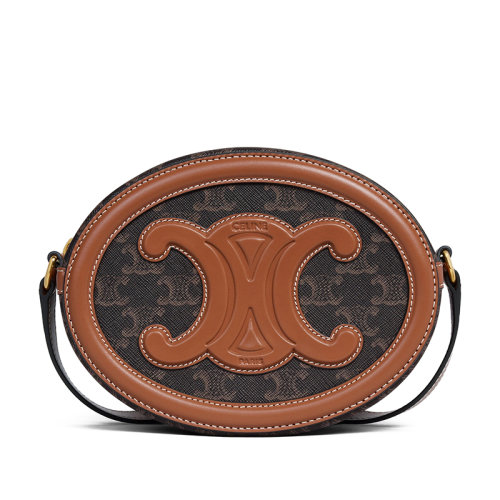 CELINE/赛琳 22新款OVALE系列 女士老花帆布配棕色系皮革同色系凯旋皮扣拉链开合单肩斜跨包198602EIN.04LU