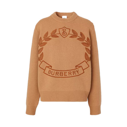 BURBERRY/博柏利 女士深褐色羊毛羊绒混纺刺绣树叶图案罗纹圆领长袖毛衣80621031