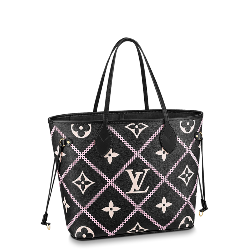 Louis Vuitton/路易威登 22春夏新款NEVERFULL系列 女士中号黑色粒面牛皮革老花压花刺绣图案皮质抽绳单肩斜跨手提包M46040